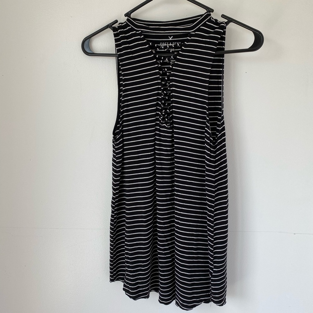 American Eagle Black/White Striped Tank Top